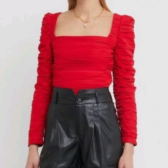 Kourt Anastasia Squareneck Pleated Ruched Long Sleeve Top M Red - Picture 1 of 7